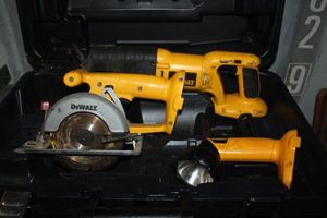 lot 140 image: Dewalt Cordless Set, Circular Saw Reciprocating Saw And Light in Case.. No Batteries or Charger