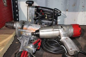 lot 143 image: Heavy Duty Corded Milwaukee Drill, Milwaukee Impact Gun, and Sears Jig saw