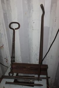 lot 205 image: Very Heavy Anvil, Large Spikes, Metal Stakes and More, Includes Vintage RR Spike Puller, see Photos
