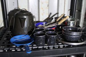 lot 113 image: Black Metal enamel coated Camping Dishes, Including cookware