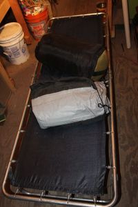 lot 271 image: Spring Camping Cot, Sleeping Bag, and Queen air Mattress