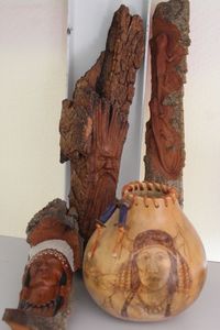 lot 24 image: Native American Bark Carving, Native American Gourd and Giant Wood Spirit Stick
