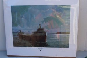 lot 22 image: Passage In Moonlight Edmond Fitzgerald Whitefish Point Light Station Lake Superior Reprint, Autographed