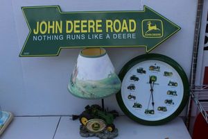 lot 9 image: John Deer Items Vintage Metal Sign, Clock, and Accent Lamp