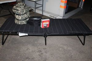 lot 221 image: camping gear, cot used 1 time, Coleman Sleeping Bag, Remington 2 in 1 Combo Grill, and more