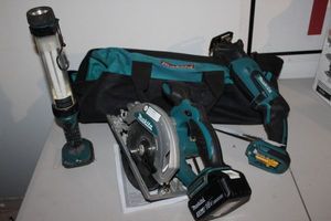 lot 240 image: Makita 18v Power Tool Set with Bag, includes Light, Circular Saw, and Reciprocating Saw  1 battery included, no charger