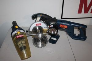 lot 242 image: Ryobi 18v Power tool set, includes circular saw, reciprocating saw, light, and hand-held vacuum, battery and charger NOT included