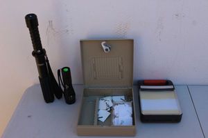 lot 313 image: Key lock box with Key tags, and flashlights