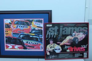 lot 334 image: Two Framed Artwork Pieces And Now a Word From Our Sponsor Print, and Lyn St. James Autographed Framed Picture