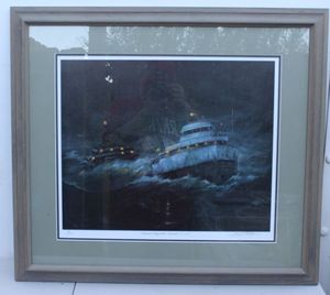 lot 335 image: Framed Artwork Edmund Fitzgerald, November 10, 1975 Autographed and numbered Approx 29.5x26
