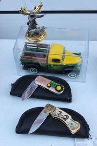 lot 373 image: Two Collectable Franklin Mint Pocket Knives, Die Cast John Deer Truck and Winchester Pocket Watch Holder