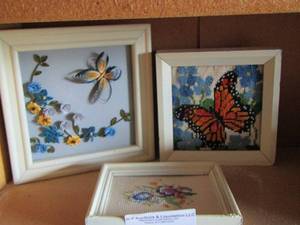lot 37 image: 3 framed art pieces- 2 needle point thread art