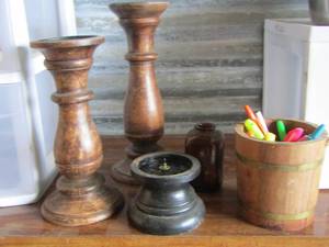 lot 45 image: 2 wooden candle stands- brown glass bottle