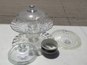 lot 167 image: cake plate- clear glass pot lids