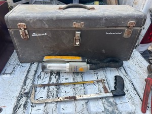 lot 5 image: TOOL BOX WITH CONTENTS � SAW, FLASHLIGHT, PLYERS, SCREWDRIVERS, SCRAPPER, PLUS