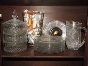 lot 108 image: Crystal serving pieces, candy dish, pitcher, plates and vase