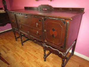 lot 111 image: Antique solid wood Buffet cabinet that matches Lot 101 and 107