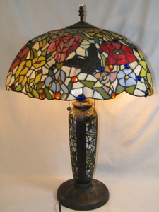 lot 113 image: Tiffany style Floral stained glass lamps, cord needs repaired