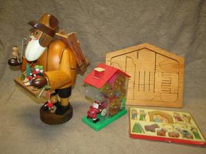 lot 223 image: Erzgebirge vintage Hand-carved Santa Made in German democratic republic, wood Christmas puzzle, wood manger scene