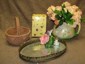 lot 235 image: Dept. 56 Italy terra cotta basket, vintage mid century hand-painted vase and vanity mirror,