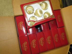 lot 240 image: Case of gold fabric covered christmas ornaments - 24 boxes of 5 ea