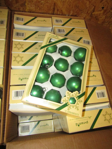 lot 253 image: Green satin finished Christmas ornaments 31 boxes 12 per box