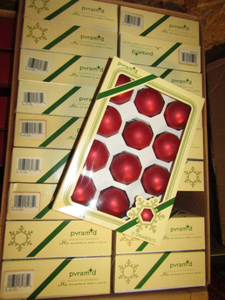 lot 254 image: Red satin finished Christmas ornaments 36 boxes 12 per box