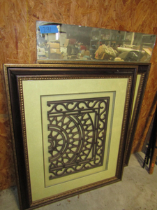 lot 291 image: Two large framed wood decor art and mirror