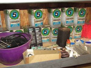 lot 295 image: Freezer containers, ammo box, assortment of tools