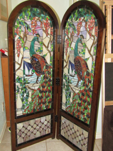 lot 368 image: 5 ft Tall Peacock Stained-Glass with wood trim privacy wall Room Divider