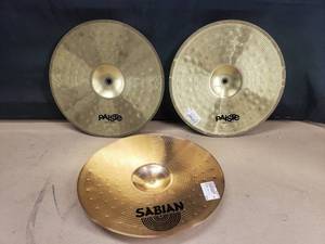 lot 331 image: Lot of Cymbals.  Set of Paiste Brass Tones Hi Hats (Top & Bottom) & Sabian B8 14 Thin Crash