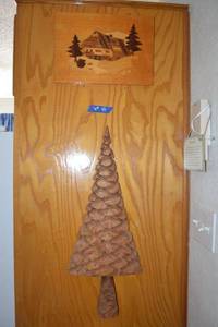 lot 10 image: Wooden log cabin wall art scene with wood carved tree (about 2 ft tall)