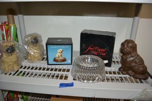lot 37 image: Dog themed lot - iron door stopper, Lead crystal dog dish, and dog figurines
