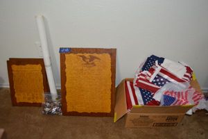 lot 43 image: Patriotic lot - Flag fabrics, Constitution wall art, and button pins