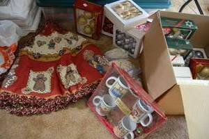 lot 50 image: Christmas mug set, glass ball ornaments and gingerbread man tree skirt