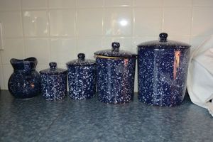lot 63 image: Blue and white speckled ceramic cannister set and pitcher