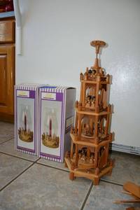 lot 176 image: Wood German Christmas pyramid and 2 decorative candle holders, see photos