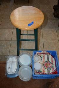 lot 167 image: Wood bar stool, plastic storage containers, placemats
