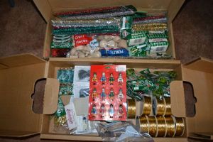 lot 174 image: 2 boxes of Christmas ribbon, mini tree decorations and craft supplies