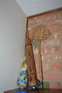 lot 146 image: Asian type paper parasol, Rattan rug beater, and cartoon umbrella