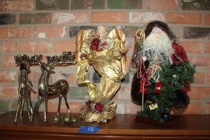 lot 136 image: Christmas figurines and deer candle holders, plus brass bells