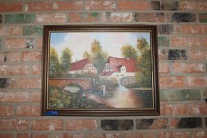 lot 142 image: Wall art painting of mill by the river - 27x20