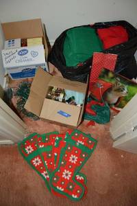lot 179 image: Christmas red and green towels (unused), glass ornaments, Christmas stockings and more