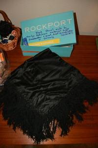 lot 250 image: Antique black shawl (see note) plus sewing thread and supplies