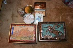 lot 240 image: Tins with sewing supplies and Coke cans. Plus unpainted Christmas ceramics