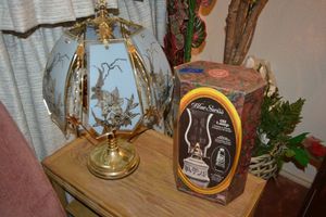 lot 267 image: Glass panel table lamp and Blue Swiss oil lamp
