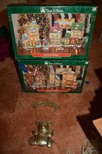 lot 275 image: Christmas villages and brass Welcome sign with bear