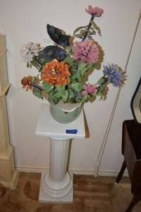 lot 350 image: Vintage Chinese Jade flower arrangement with ceramic column plant stand