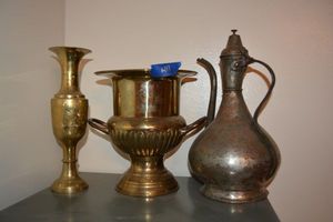 lot 411 image: Brass vase, Copper and silver color pitcher, ice bucketplanter