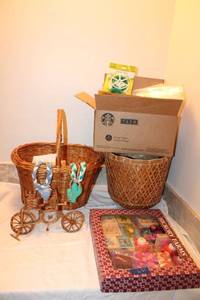 lot 631 image: Crafting stamps, wicker baskets and bicycle, twist ties and plastic bags